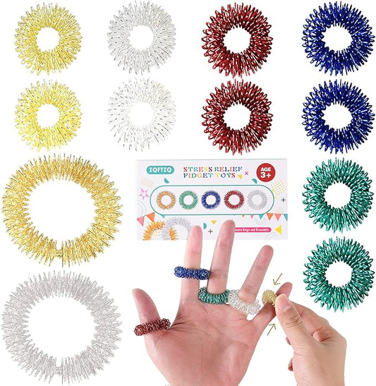 Spiky Sensory Finger Acupressure Rings - ADHD Silent Fidget Toys Pack, Bracelets Finger Set, Stress Relief Rings, Message Anxiety Ring, Quiet Fidget ADHD Tools for Kids Adults Stress Reducer