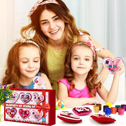 16 Sets Valentine's Day DIY Stuffed Craft Kit Heart Sewing Kit Valentines Day DIY Sewing Set for Beginners Heart Educational Gift Set for Boys and Girls Valentines Felt Ornaments Decoration for kids