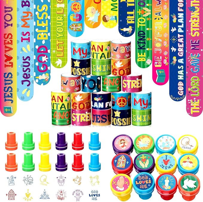 Jenaai 96 Pcs Religious Slap Bracelets with Stampers Bulk Assorted Jesus Love You Wristbands Christian Gifts for Kids Religious Prizes Bible Verse Party Favors for Sunday School Boys Girls