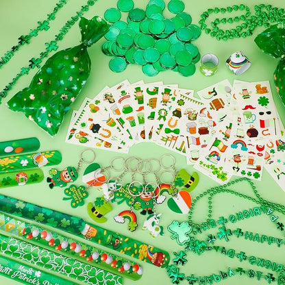 St. Patrick's Day Party Accessories Favor Set Including Luminous Tattoo Stickers, Necklaces, Slap Bracelets, Shamrock Coins, Keychains, Gift Bags for St. Patrick Irish Party Supplies Favors Decor