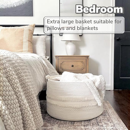 CherryNow 22"x22"x14" Large Blanket Basket, Home Décor for Living Room Bedroom, Boho Decorative Laundry Basket for Clothes, Baby Toy Storage, White
