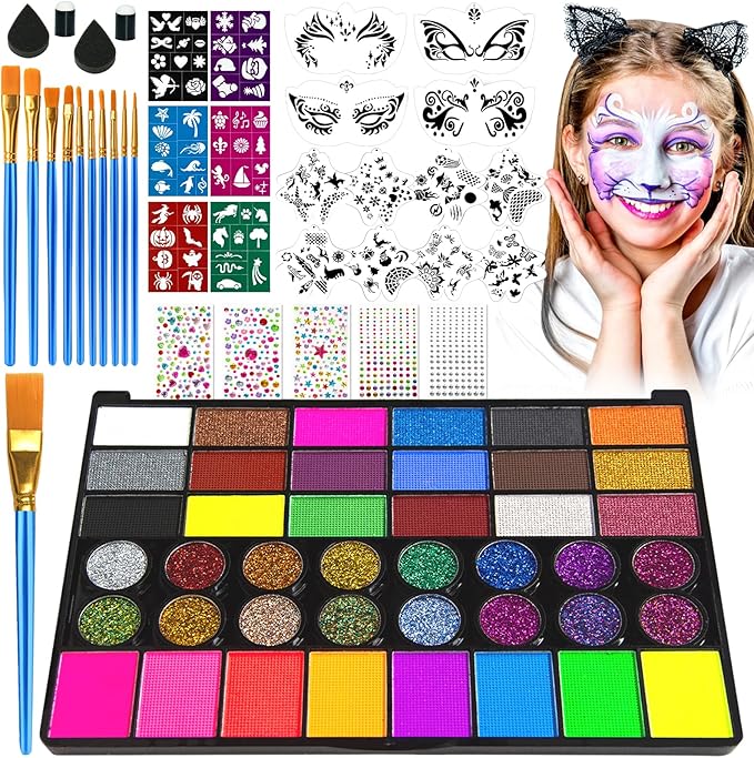 42 Colors Face Painting Kit, Non-Toxic Water Activated Face Paint Palette, Facepaint Makeup Kit with Brushes, Stencils, Gems, for Festivals, Halloween, Carnival, Birthday Parties