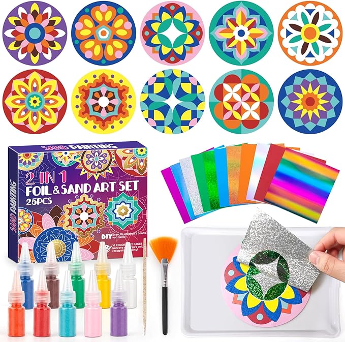Foil Art & Sand Art Kit, 2 in 1 Mandala Arts and Crafts for Kids Ages 4-8, Mess Free DIY Coloring Kit for Girls and Boys, Thanksgiving Christmas Festivals Party Gifts