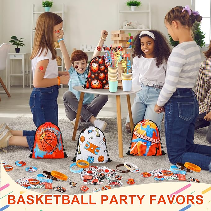Sadnyy 140 Pcs Party Favors Birthday Party Decorations Supplies Drawstring Bags with Silicone Bracelets Keychains Straws Button Pins Stickers for Classroom Rewards Goodie Bags Stuffers(Basketball)