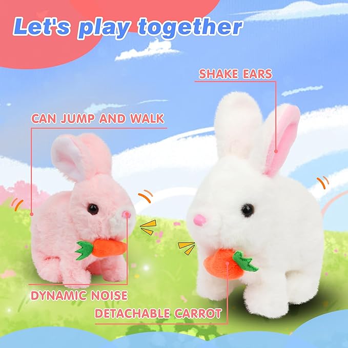 Hopearl Hopping Rabbit with Carrot Interactive Electronic Pet Plush Bunny Toy with Sounds and Movements Animated Walking Wiggle Ears Twitch Nose Gifts for Toddlers Birthday, White, 7''