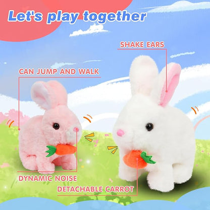 Hopearl Hopping Rabbit with Carrot Interactive Electronic Pet Plush Bunny Toy with Sounds and Movements Animated Walking Wiggle Ears Twitch Nose Gifts for Toddlers Birthday, White, 7''