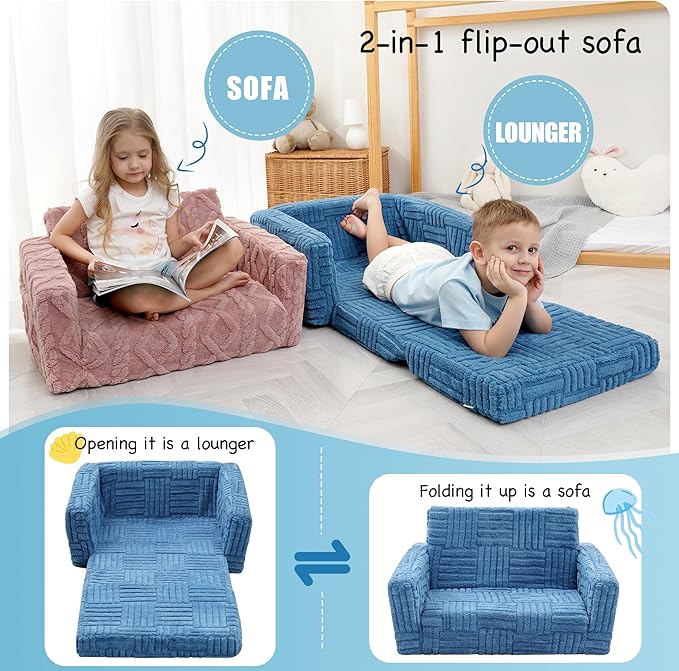 Kids Sofa, Toddler Chair, 2-in-1 Flannel Kids Fold Out Couch, Toddler Convertible Sofa to Lounger, Flip Open Toddler Couch for Kids (Blue)