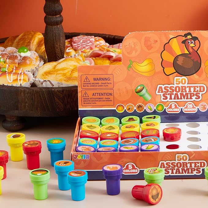 JOYIN 50 Pcs Thanksgiving Stampers, Stamps for Kids Age 3-5, Turkey Party Favor Supplies, Thanksgiving Arts & Crafts for Kids Family Activities, Classroom Exchange Prizes Gift, Fall Stamper Assortment