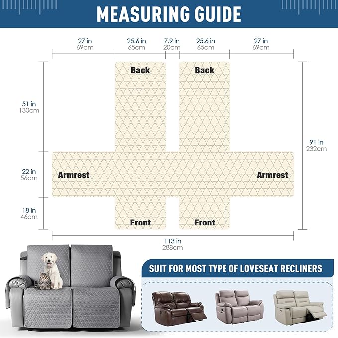 TAOCOCO 100% Waterproof Loveseat Recliner Cover-Recliner Cover with Non-Slip Granule, Recliner Chair Covers with Elastic Band,Washable Recliner Chair/Protector for Pets(Light Gray, 2 Seater)
