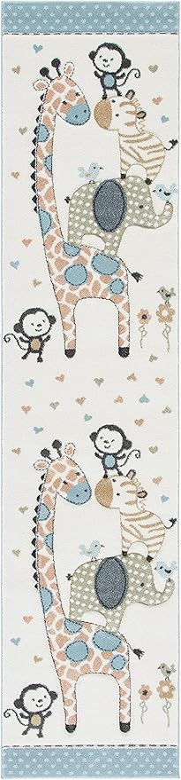 SAFAVIEH Carousel Kids Collection Runner Rug - 2'3" x 12', Ivory, Animal Design, Non-Shedding & Easy Care, Ideal for High Traffic Areas for Boys & Girls in Playroom, Nursery, Bedroom (CRK120A)