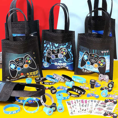 60Pcs Video Game Party Favors Gamer Birthday Party Supplies for Kids Non Woven Bags Silicone Bracelet Stamper Keychain Glow Sticker Game on Gift Goodie Treat Bag Fillers Boy Gaming Party Favors