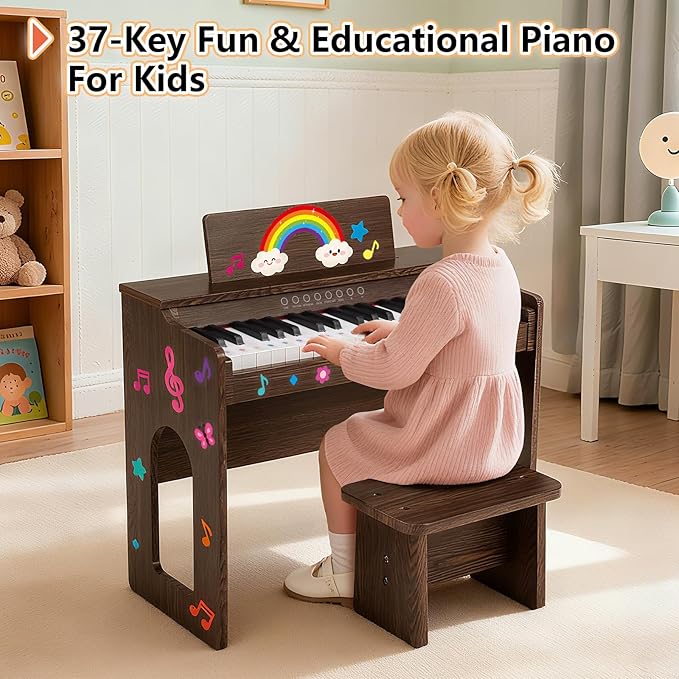 Kids Piano Keyboard, 37 Keys Wooden Digital Piano for Kids with Bench,Song Book, DIY Stickers, Cover, Education Creative Musical Instruments Toy for Boys & Grils Gifts