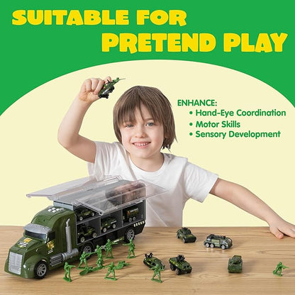 JOYIN 25 in 1 Military Kids Truck Toys for Age 3+, Toddler Boy Toys, Army Men Tanks Set with Soldier Men, Mini Battle Cars in Carrier Truck with Lights and Sounds, Gifts for Grandkids, Easter Basket