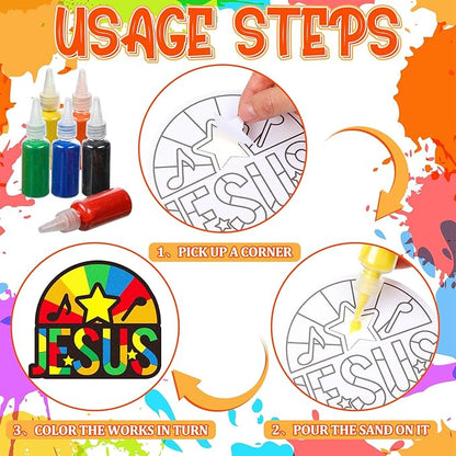 24 Sets Religious Sand Art Craft Kit for Kids Inspirational Words Painting Kit with Colored Sand Make Your Own Crafts Art DIY Art Project for Sunday School Vbs Home Fun Activities
