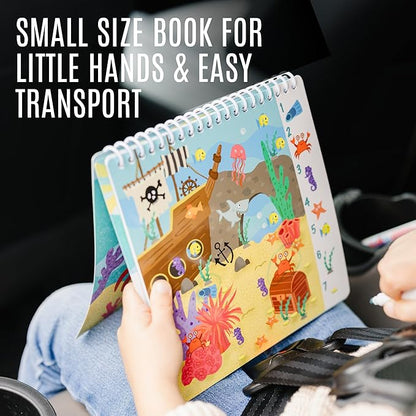 Kids Small Size Travel Educational Activity Book with Washable Markers (7"x7") - Car and Airplane Activities, Learning Toys for Toddlers - Search and Find, Reusable Stickers for Ages 4, 5, 6 (Ocean)