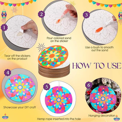 12 Pcs 7 Inch Wooden Mandala Sand Arts Rangoli Mandala Sand Art with 6 Colorful Sand Art Mandala DIY Coloring Kit for Indian Festivals Gifts Diwali Party Decor Supplies