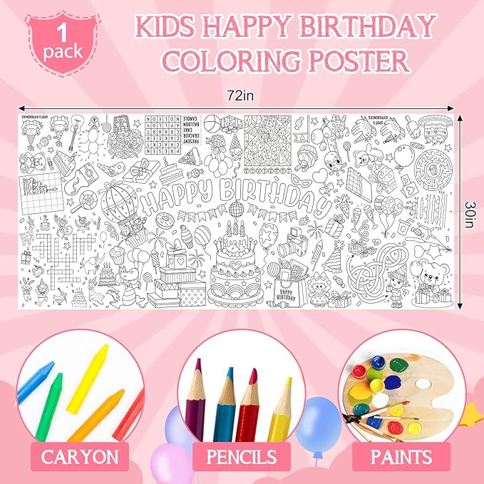 Happy Birthday Giant Coloring Poster for Kids 30x72 Inch, Birthday Large Coloring Poster Tablecloth, Birthday Themed Color-in Activities Games for Kids School Classroom Home Party Supplies Decorations