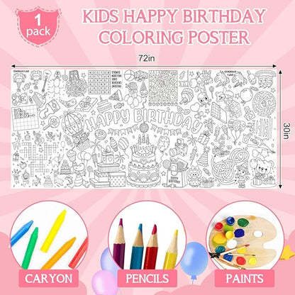 Happy Birthday Giant Coloring Poster for Kids 30x72 Inch, Birthday Large Coloring Poster Tablecloth, Birthday Themed Color-in Activities Games for Kids School Classroom Home Party Supplies Decorations