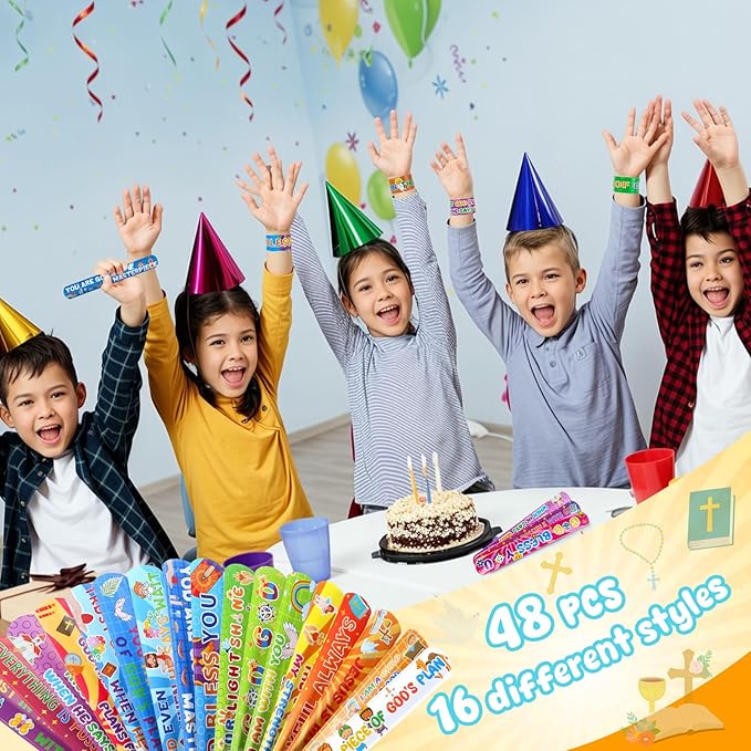 LovesTown 48PCS Christian Snap Bracelets, Bible Verses Religious Slap Wristbands Slap Bracelets for Kids Sunday School Gifts Classroom Prizes