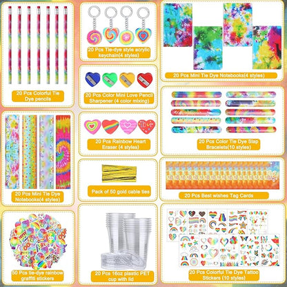 Noveread 251 Pcs Party Favors Set Includes Drink Gift Cup Mini Notebooks Pencils Heart Eraser Pencil Sharpener Slap Bracelets Ruler Tattoo Stickers Cards Keychain School Stationery Set (Tie Dye)