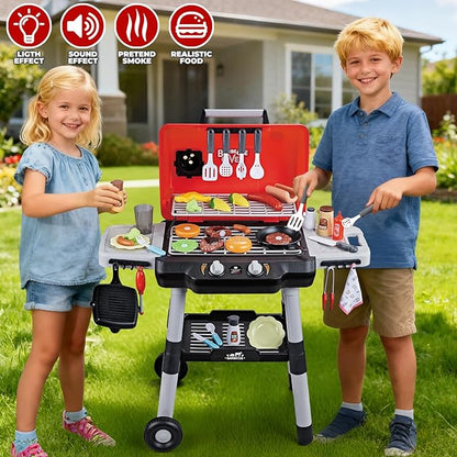 Kids Play Kitchen Toys, Kids BBQ Grill Playset with Smoke Sound Light, 2-Layer Barbecue Toy with Wheel, Outdoor Play Grill Toys for Toddlers 3-5, Play Food Toys Cooking Set, Birthday Gift for Boy Girl