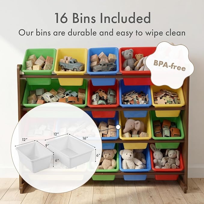 Humble Crew Toy Storage Organizer with 16 Removable Storage Bins for Kids Playroom, 4-Tier Toddler Toy Organization and Storage, Walnut/Primary