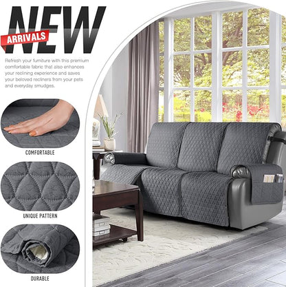 TAOCOCO 100% Waterproof Recliner Sofa Cover-Non Slip Split Couch Covers for Reclining Couches with Elastic Straps,Couch Covers for 3 Cushion Couch Sofa Pet Friendly(Dark Gray, 3 Seater)