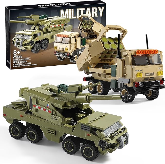 Military Vehicles Building Blocks Sets Compatible with Lego, Includes 2 Army Armored Trucks Toy Models - US M142 HIMARS & Dana M2, Great Army Toys Gift for Boys, Kids, and Teens Ages 8-14