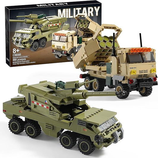 Military Vehicles Building Blocks Sets Compatible with Lego, Includes 2 Army Armored Trucks Toy Models - US M142 HIMARS & Dana M2, Great Army Toys Gift for Boys, Kids, and Teens Ages 8-14