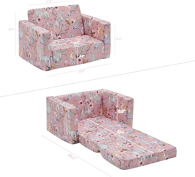 Ulax furniture Kids Convertible Sofas Children Flip-Out Sofa - 2-in-1 to Lounge Chair (Pink Unicorn)