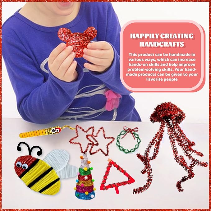 TOAOB 100pcs Christmas Glitter Pipe Cleaners Red Metallic Pipe Cleaners Craft Supplies 6mm x 12 Inch Chenille Stems Pipe Cleaners for Art DIY Crafts Decorations