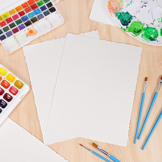 25 Sheets Watercolor Paper 8.5 x 11, 300 GSM Deckled Edge Paper Rough/Textured Handmade Paper Cotton Paper for Watercolors, Wedding Invitations, Cards, Crafts