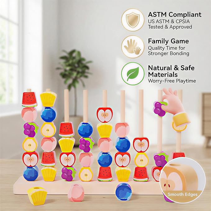 Wooden Fruit Sorting Stacking Toys for Toddlers - Montessori Logic Puzzle Game, Color Matching & Fine Motor Skills Educational Learning Gift for 3 4 5 Year Old Kids, Brain Teaser with Fruit Blocks