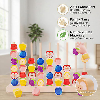 Wooden Fruit Sorting Stacking Toys for Toddlers - Montessori Logic Puzzle Game, Color Matching & Fine Motor Skills Educational Learning Gift for 3 4 5 Year Old Kids, Brain Teaser with Fruit Blocks