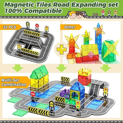Magnetic Tiles Road Expansion Set, STEM Magnetic Building Blocks for Kids Ages 3-5 4-8 5-7, Preschool Learning Sensory Kids Toys for Toddler Birthday
