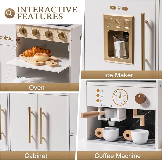 ROBUD Play Kitchen for Kids, Wooden Play Kitchen Set with Plenty of Realistic Play Features, Toy Kitchen with Ice Maker, Coffee Machine, Oven, Cabinet, Microwave, Utensils, Gift for Ages 3+, White