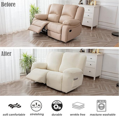 Genina Recliner Loveseat Cover Stretch Couch Covers Sofa slipcover for 2 Seat Reclining Couch Thick Jacquard Furniture Protector (Beige)