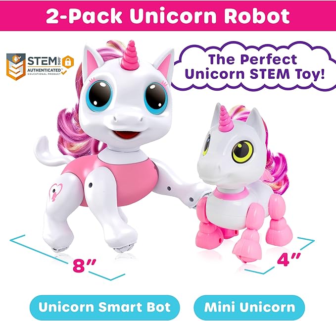 Power Your Fun Unicorn Robo Pets Toys 2pk - Unicorns Gifts for Girls and Kids (1) Unicorn STEM Toy Robot Interactive Hand Gestures or Remote Control to Move and (1) Mini Unicorn Automated Smart Robot