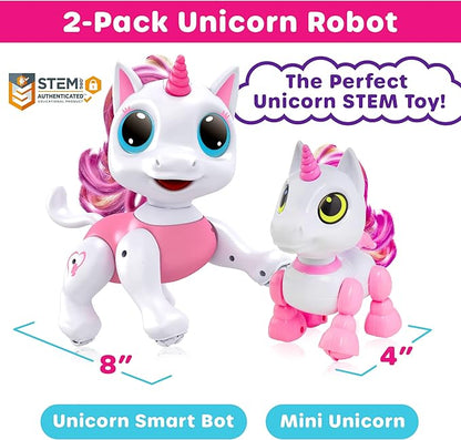 Power Your Fun Unicorn Robo Pets Toys 2pk - Unicorns Gifts for Girls and Kids (1) Unicorn STEM Toy Robot Interactive Hand Gestures or Remote Control to Move and (1) Mini Unicorn Automated Smart Robot