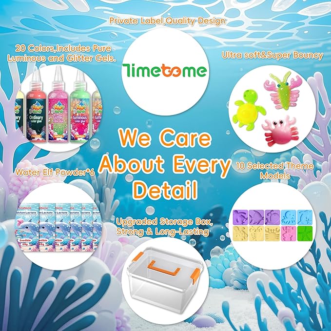 Timetome Magic Water Elf Toy Kit for Kids – 20 Gels (11 Standard + 6 Glitter + 3 Glow) & 10 Molds, DIY Squishy Maker, Aqua Fairy Gel Toys, Night Glow & Glitter, Valentine Gifts for Boys & Girls 3+