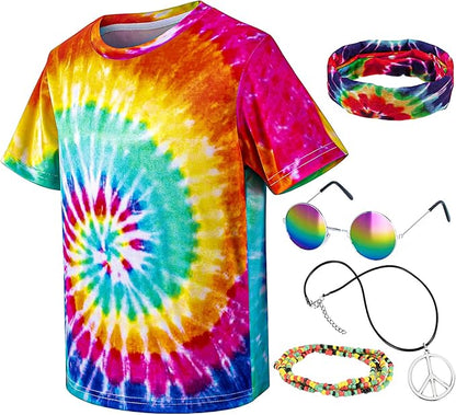 Kids Hippie Costume for Boys Girls 60s 70s T-Shirt 5Pcs Set for Halloween Party 3-12 Years