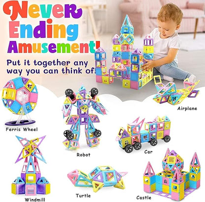 Magnetic Tiles Magnetic Blocks for 3 4 5 6 7+ Year Old Boys Girls Macaron Castle Magnetic Building Blocks for Toddlers 3-5, 4-8, Building Blocks for Kids Ages 3+ Birthday Gifts 124pcs