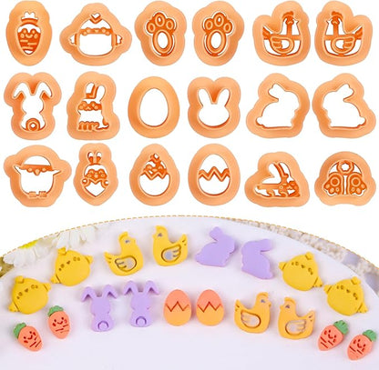 Puocaon Easter Polymer Clay Cutters - 18 Pcs Stud Clay Earring Cutters, Mini Chicken Eggs Baby Rabbit Clay Cutters for Polymer Clay Earrings, 3D Print Mini Clay Cutters for Earrings Making