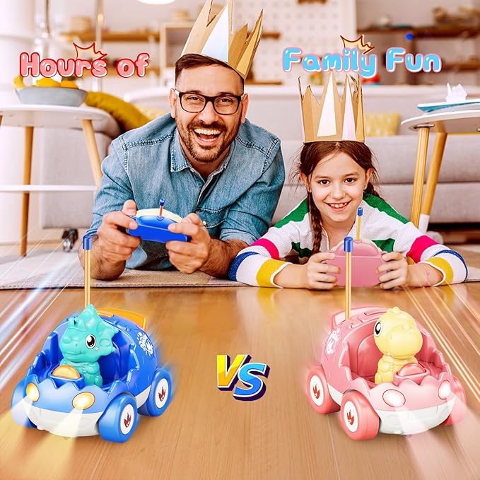 2 Pack Pink Dinosaur Remote Control Car Toys, Easter Present Birthday Gifts for Boys Girls 2 3 4 Years Old, Dino RC Car with Music and Light, Toddlers Toys for Kids 2-4 Year Old,(Pink Blue)
