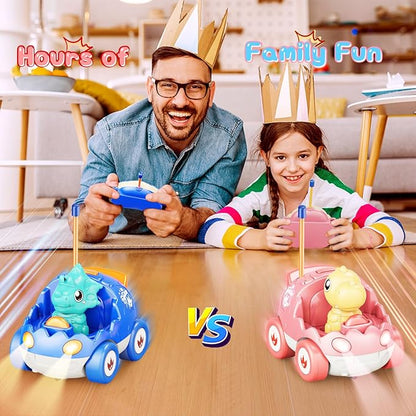 2 Pack Pink Dinosaur Remote Control Car Toys, Easter Present Birthday Gifts for Boys Girls 2 3 4 Years Old, Dino RC Car with Music and Light, Toddlers Toys for Kids 2-4 Year Old,(Pink Blue)