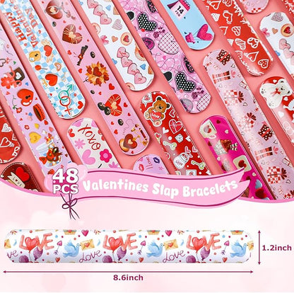 LovesTown 48PCS Valentines Day Slap Bracelets, Red Slap Wristbands Assorted Valentine Snap Bracelets for Kids Gift Exchange Valentine Party Favors