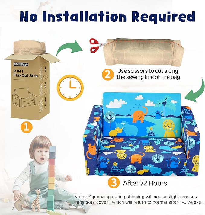 MallBest Kids Sofas Children's Sofa Bed Baby's Upholstered Couch Sleepover Chair Flipout Open Recliner（Blue）
