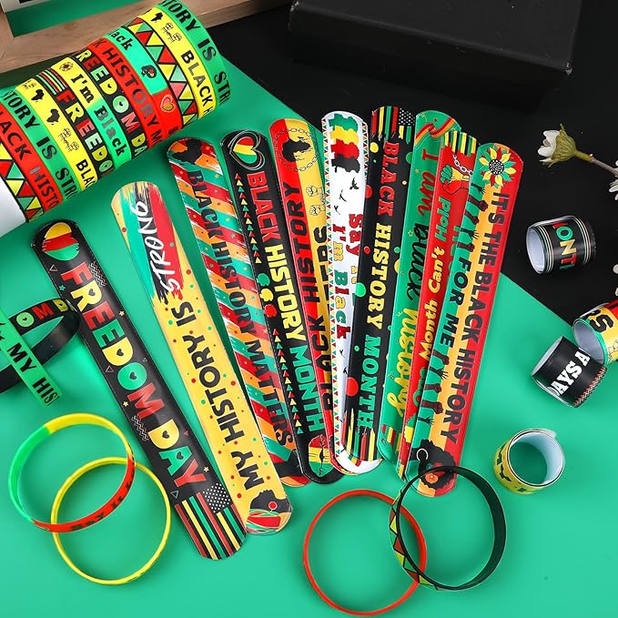 JUNEBRUSHS 50Pcs Black History Month Party Favors, Black History Slap Bracelets and Silicone Bracelets for Kids Adult Gifts Black History Month Wristbands Accessories Bulk for Black History Decoration