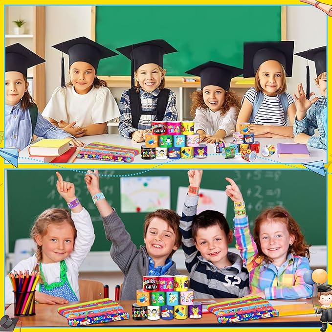 JUNEBRUSHS 56Pcs Kindergarten Graduation Slap Bracelets, Colorful Congrats Grad Bracelets Wristbands Kindergarten Graduation Gifts for Kids Preschool Kindergarten Graduation Party Favors Supplies