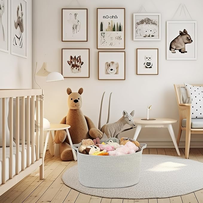 XUANGUO Large Rectangle Blankets Basket Living Room 22"x17"x12" Woven Cotton Rope Storage Baskets for Nursery Toy Baskets for Kids and Dogs Laundry Basket Bin for Clothes Towels grey